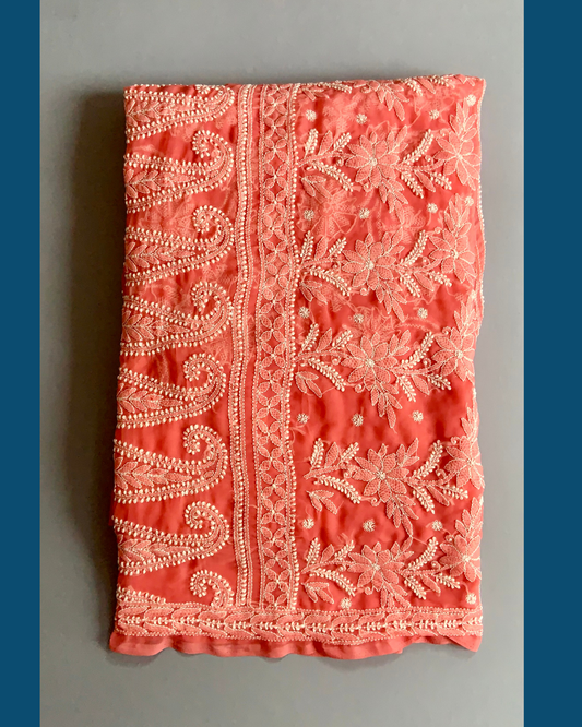 Georgette Chiknkari Saree/ Peach