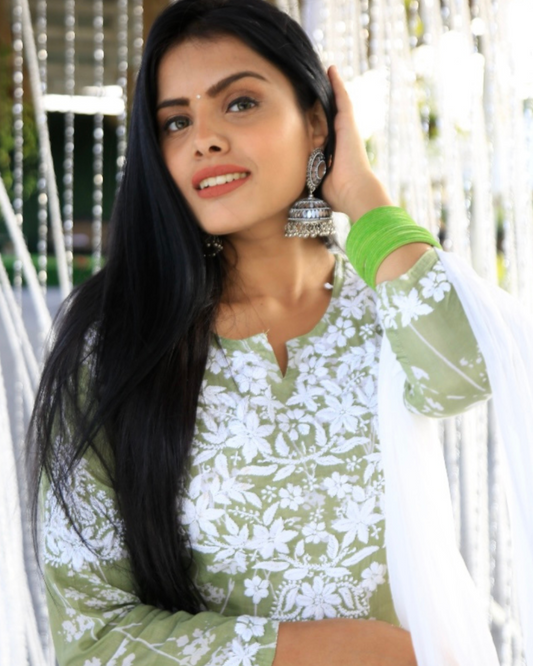 Palaash Printed Mulmul Kurta/Top Set Pista green