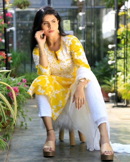 Palaash Printed Mulmul Kurta/Top Set Yellow