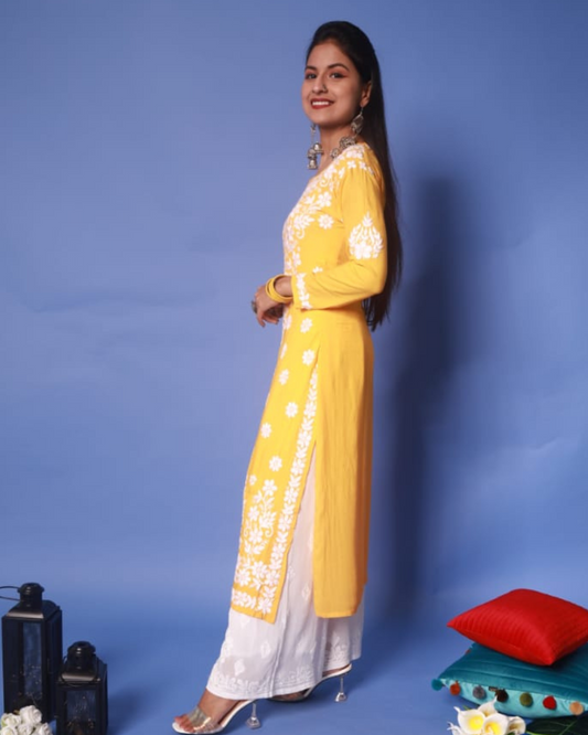 Adaa chikankari Modal kurta / Yellow
