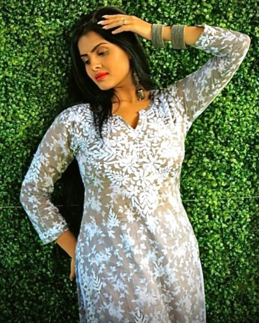 Palaash Printed Mulmul Kurta/Top Set Grey