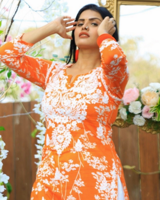 Palaash Printed Mulmul Kurta/ Top Set Orange