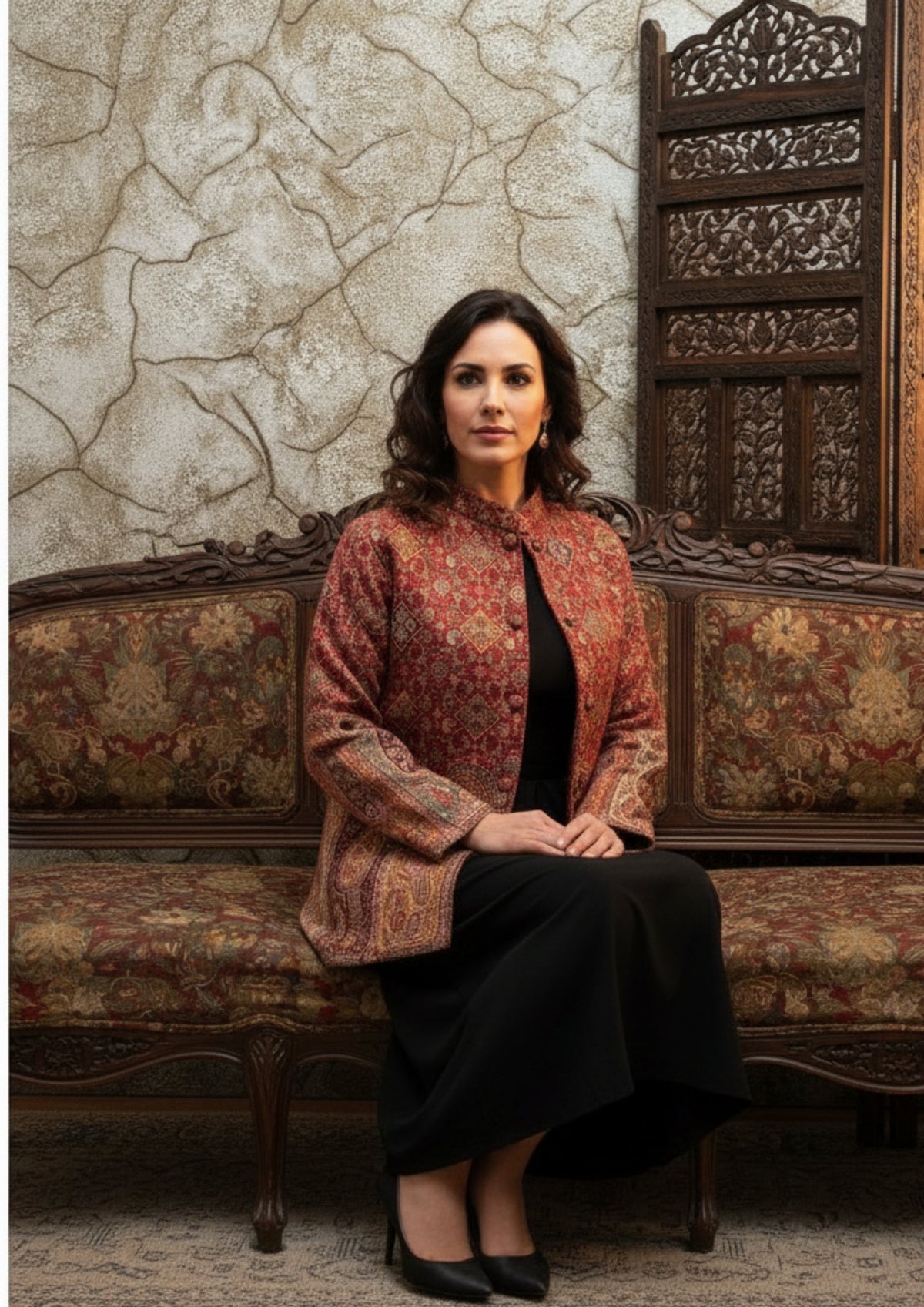 Masnavi miraj pashmina jacket with maroon paisley