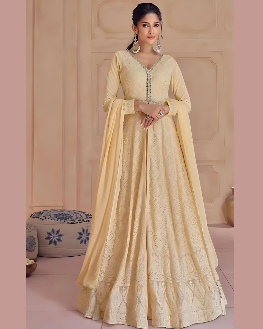 Masnavi Georgette gown dress  beige