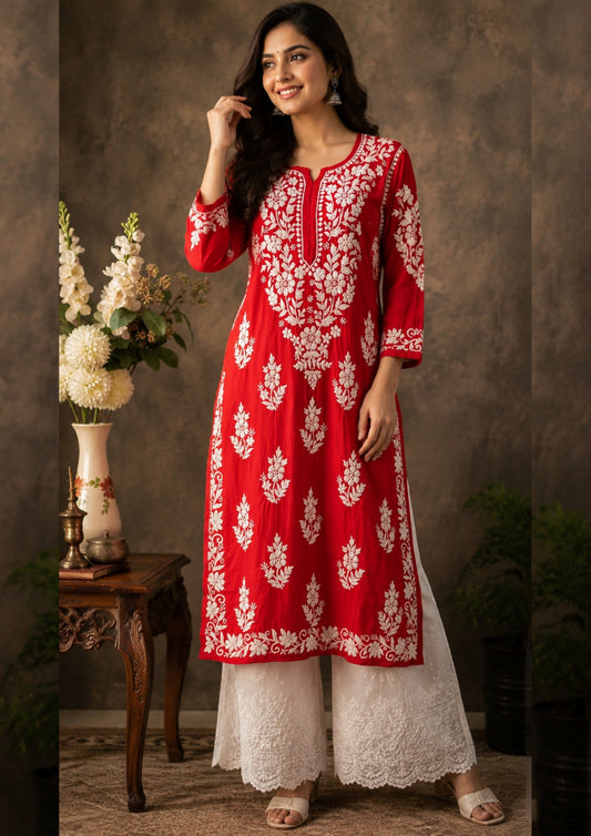 Adaa chikankari modal kurta /top Red