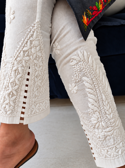 Aafia Mulcotton chikankari pant white on white with side pockets and drawstring waistband