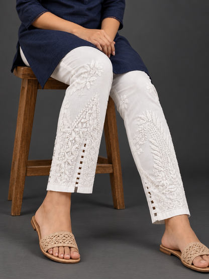 Aafia Mulcotton chikankari pant white on white