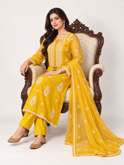 Aafreen_yellow_organza_chikankari_suit set
