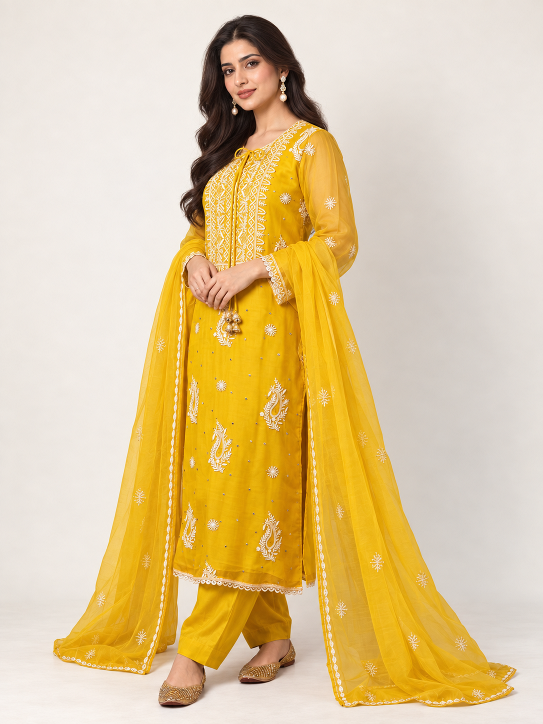 Aafreen yellow organza set with moti cutdana work