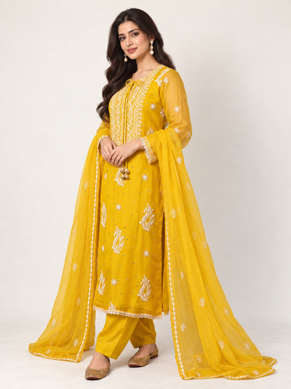 Aafreen yellow organza set with moti cutdana work