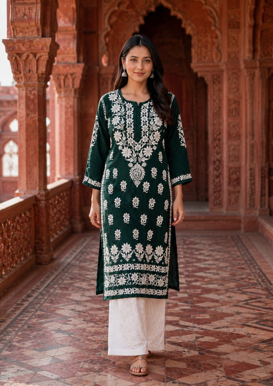 Chikankari Modal kurta/top dark green