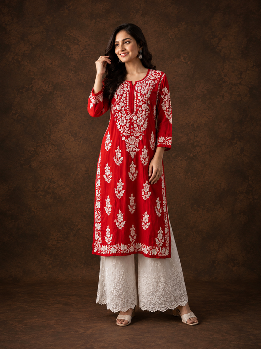 Adaa chikankari red modal kurti