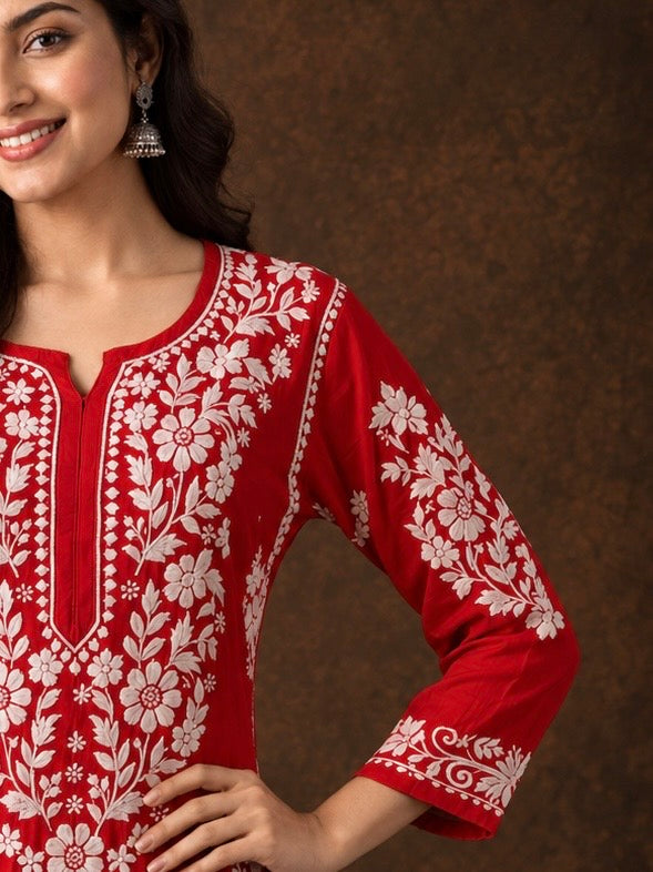 Adaa chikankari red modal kurti