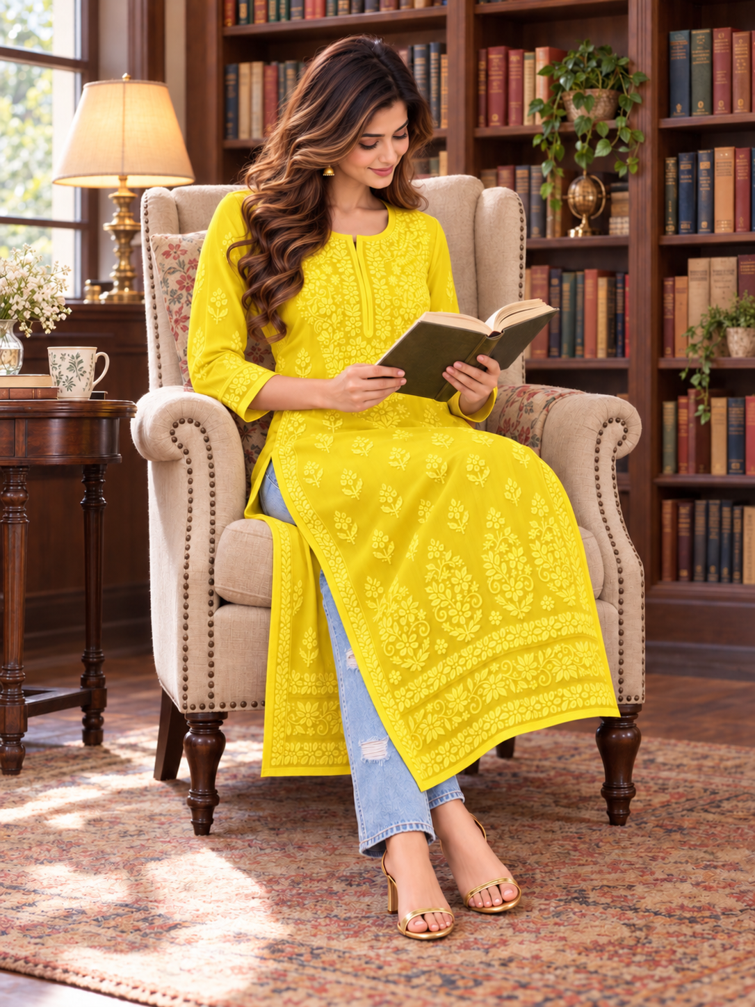 Aura_chikankari_georgette_yellow_kurti.