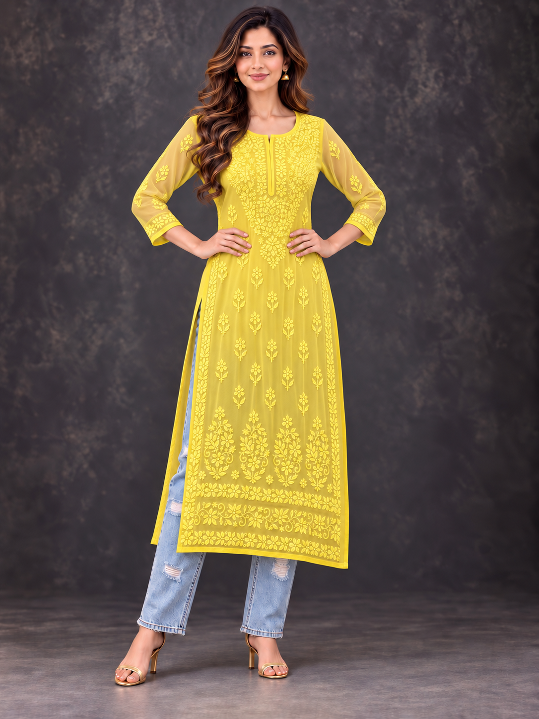 Aura chikankari georgette yellow kurti/top