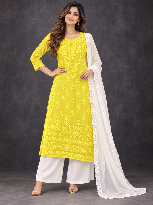 Aura chikankari georgette yellow kurti/top