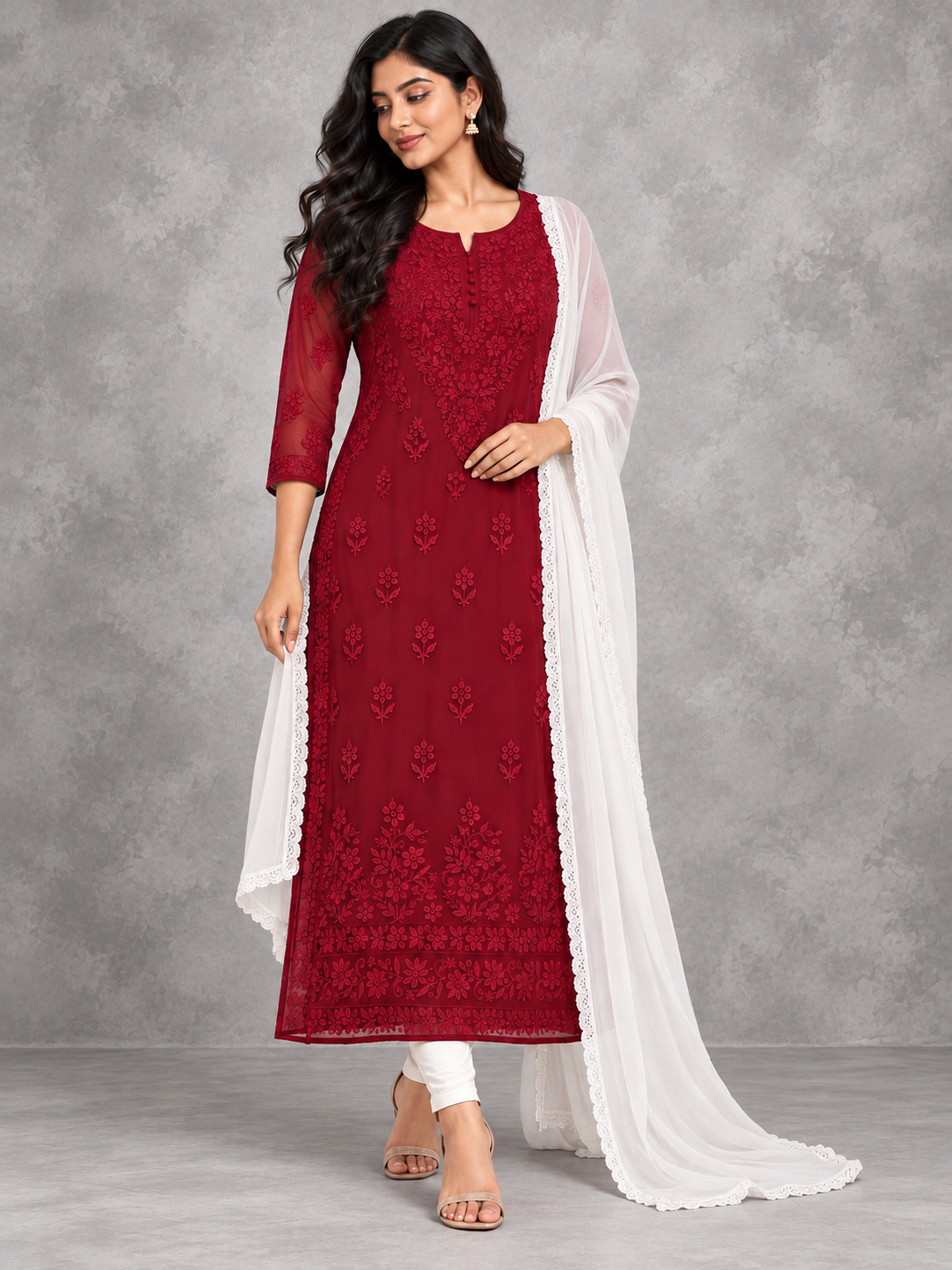 Aura chikankari maroon kurti
