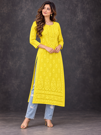 Aura_chikankari_georgette_yellow_kurti