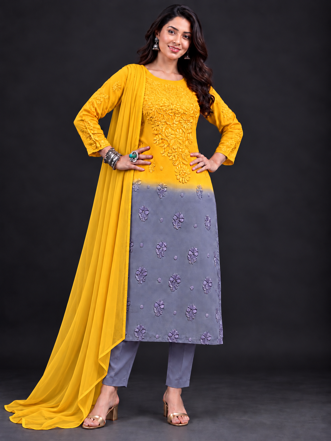 Aura ombre yellow chikankari georgette kurti 