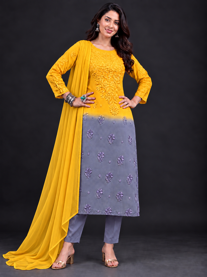 Aura ombre yellow chikankari georgette kurti 