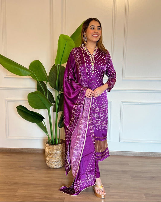 Biba violet bandhani gazi silk suit