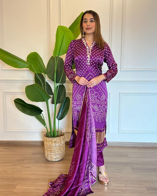 Biba violet bandhani gazi silk suit