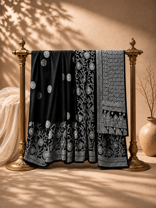 Black Georgette chikankari Saree - Naaz by Masnavi