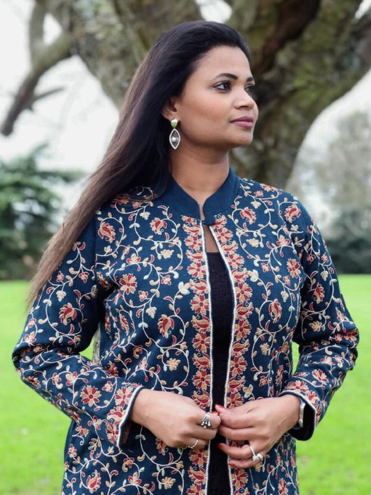 Blue Soft Wool Embroidered Kashmiri Aari Jacket Set