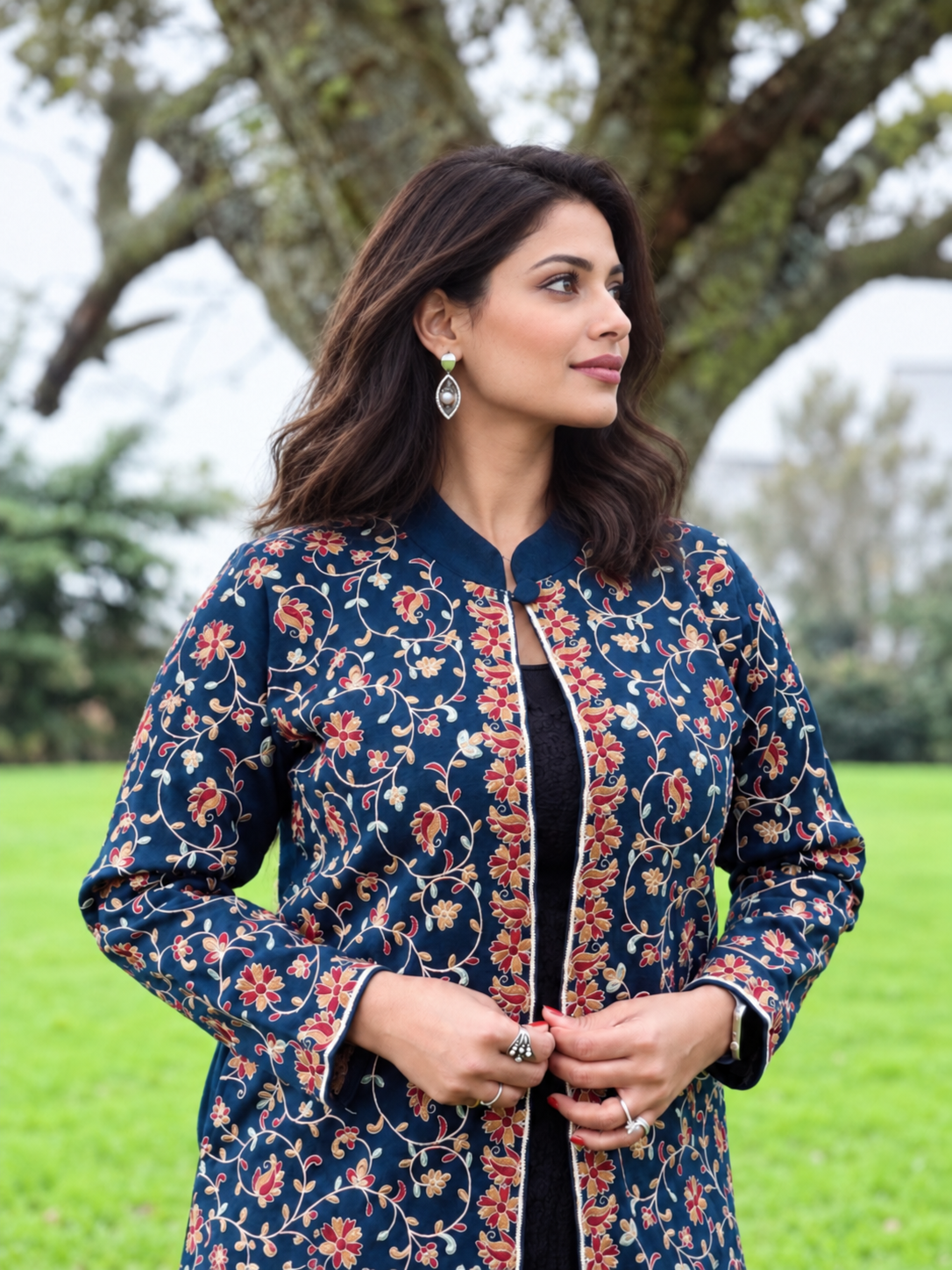 Blue wool kashmiri aari Jacket Set
