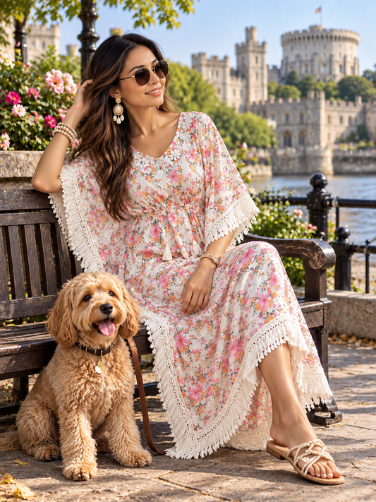 Breeze Masnavi lilac floral chikankari cotton kaftan