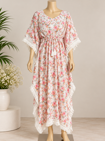 Breeze Masnavi lilac floral chikankari cotton kaftan