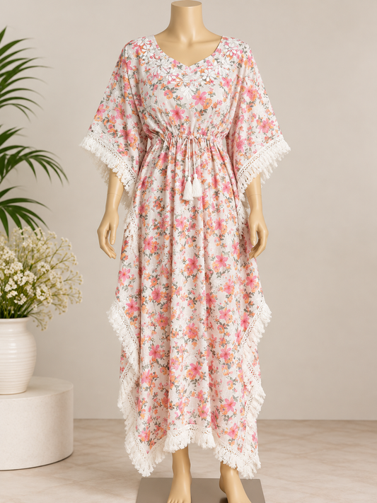 Breeze Masnavi lilac floral chikankari cotton kaftan