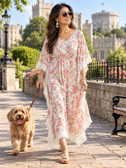 Breeze Masnavi lilac floral chikankari cotton kaftan