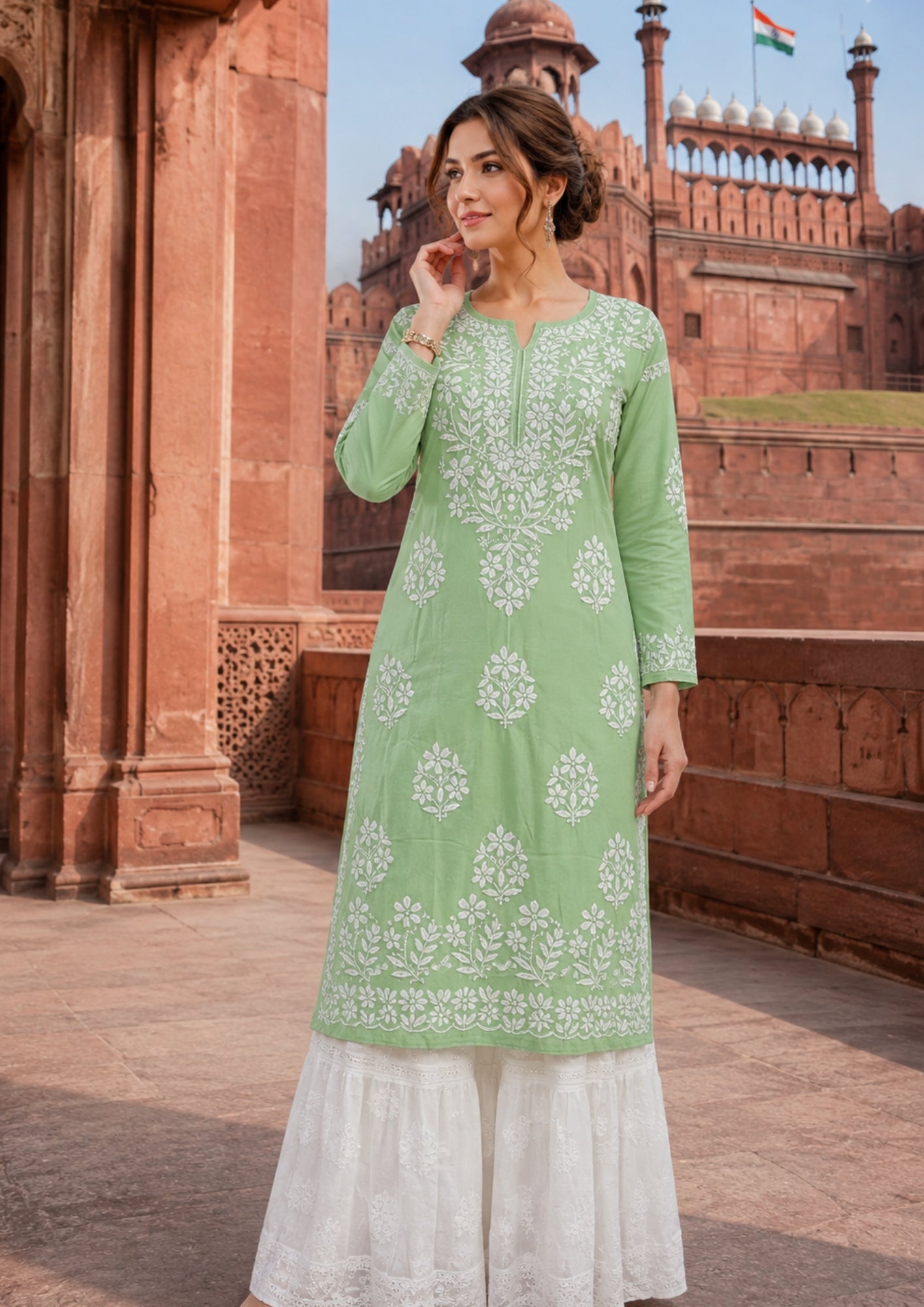 Chikankaari Modal Kurta_pista green