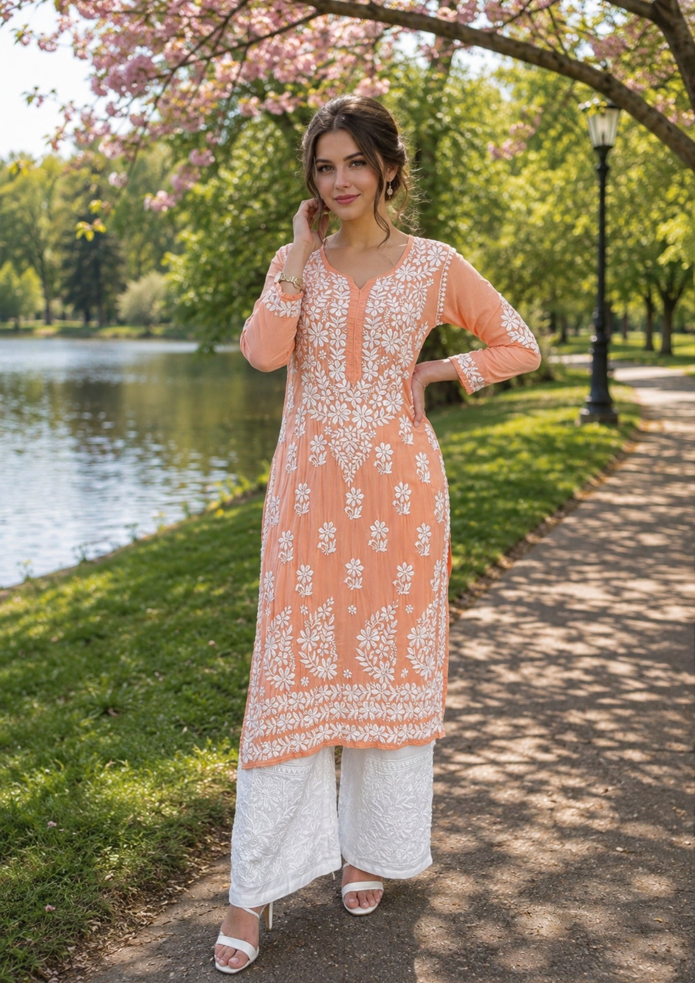 Chikankari peach Modal kurta 