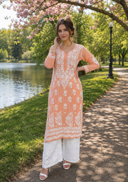 Chikankari peach Modal kurta 
