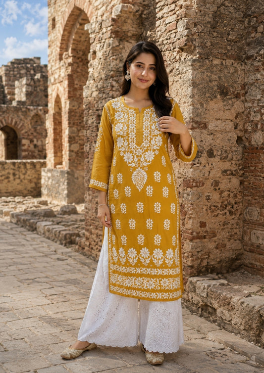 Chikankari Modal kurti mustard yellow