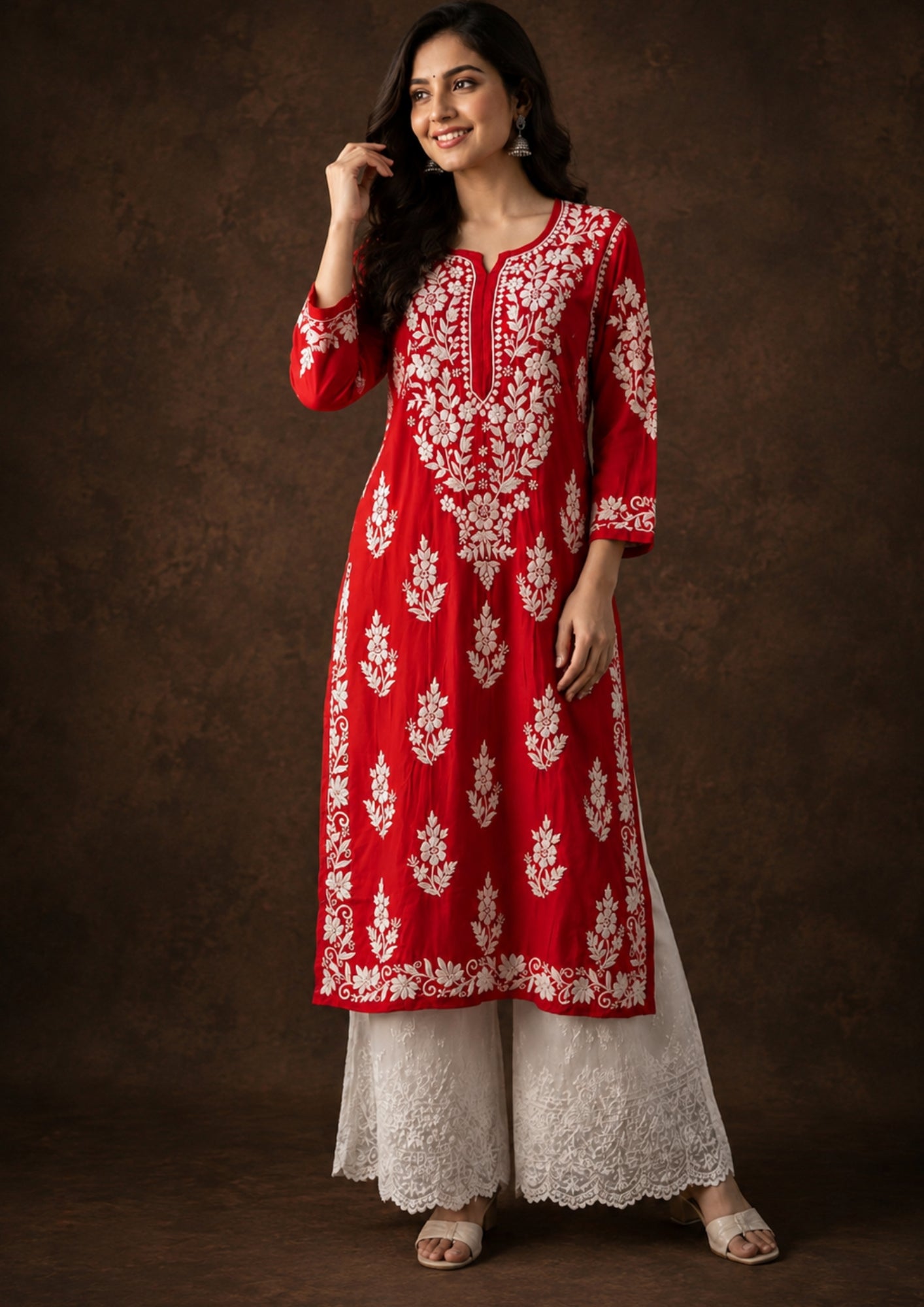 Chikankari_red modal_kurti