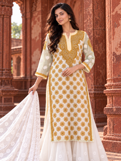 Forever chikankari yellow ochre georgette long kurti