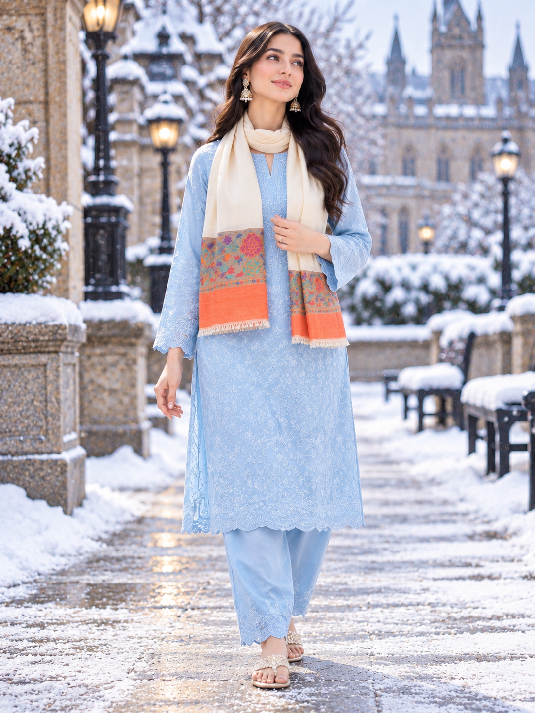Classic pashmina cream white kani scarf2