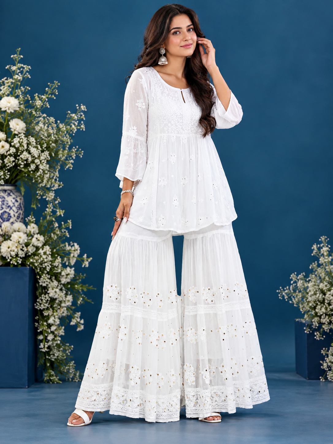 Designer georgette chikankari sharara white