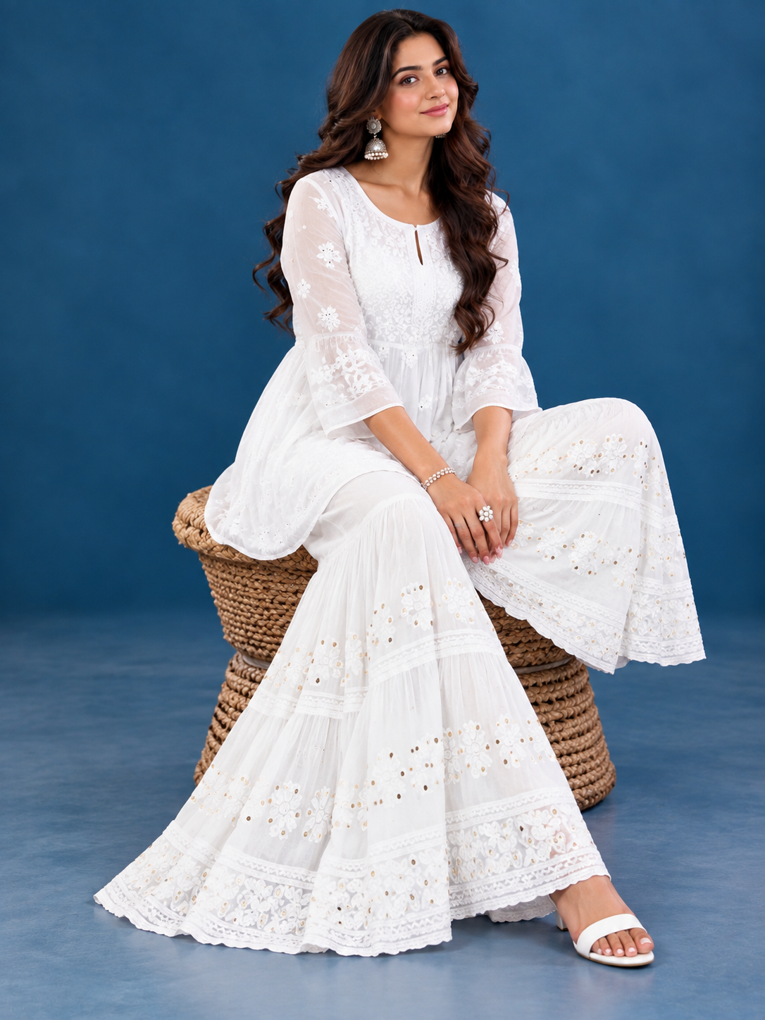Designer georgette chikankari sharara white with mukaish work