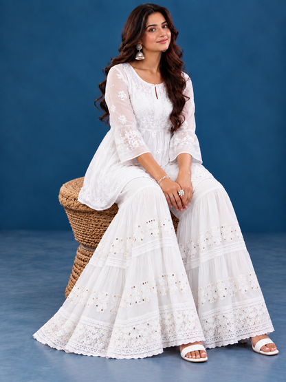 Designer georgette chikankari white sharara