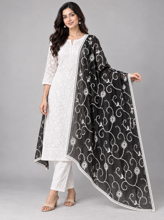 Feather chiffon black chikankari dupatta/stole
