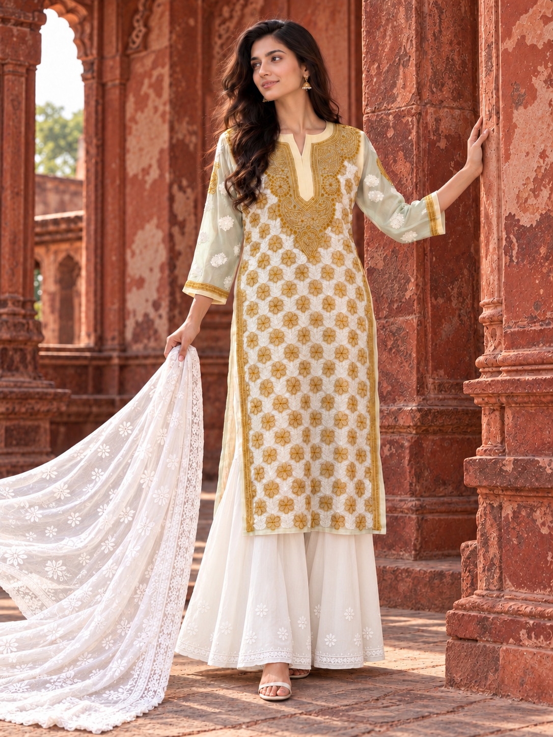 Forever chikankari yellow ochre georgette long kurti