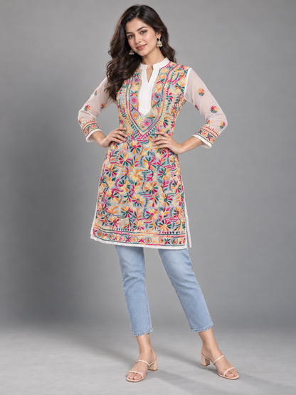 Forever georgette chikankari short top multi white