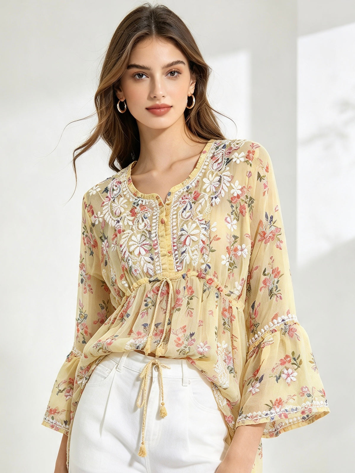 Georgette floral yellow short top-by masnavi