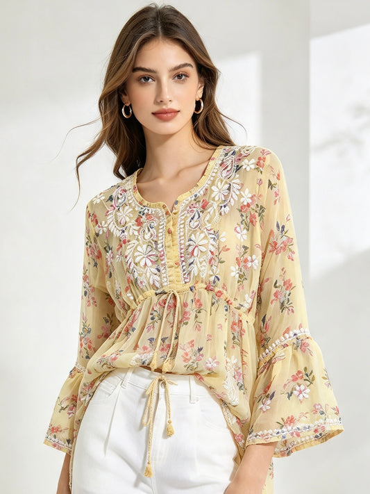 Georgette floral yellow short top-by masnavi