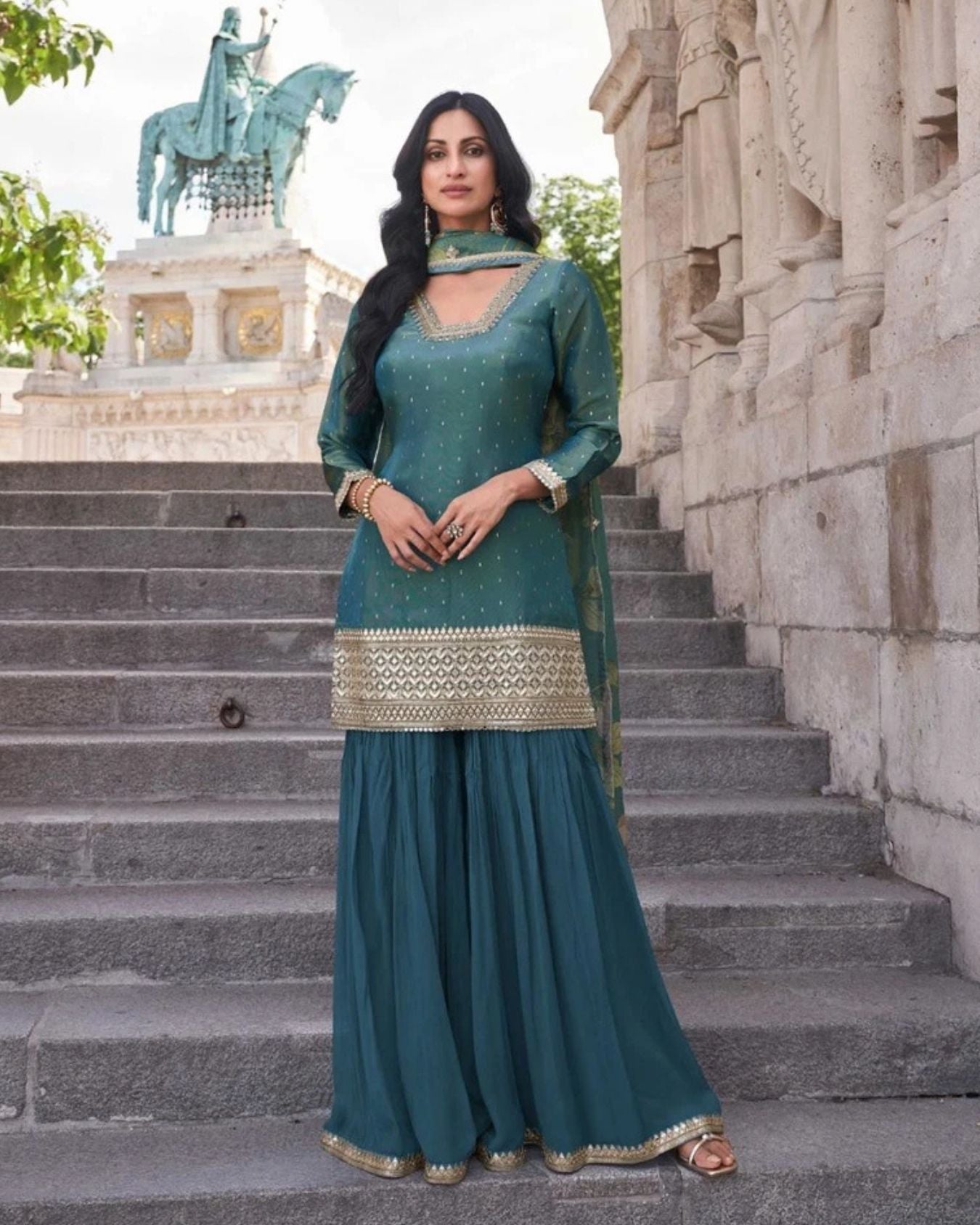 Green Chinnon Silk Salwar Kameez with Embroidered Dupatta