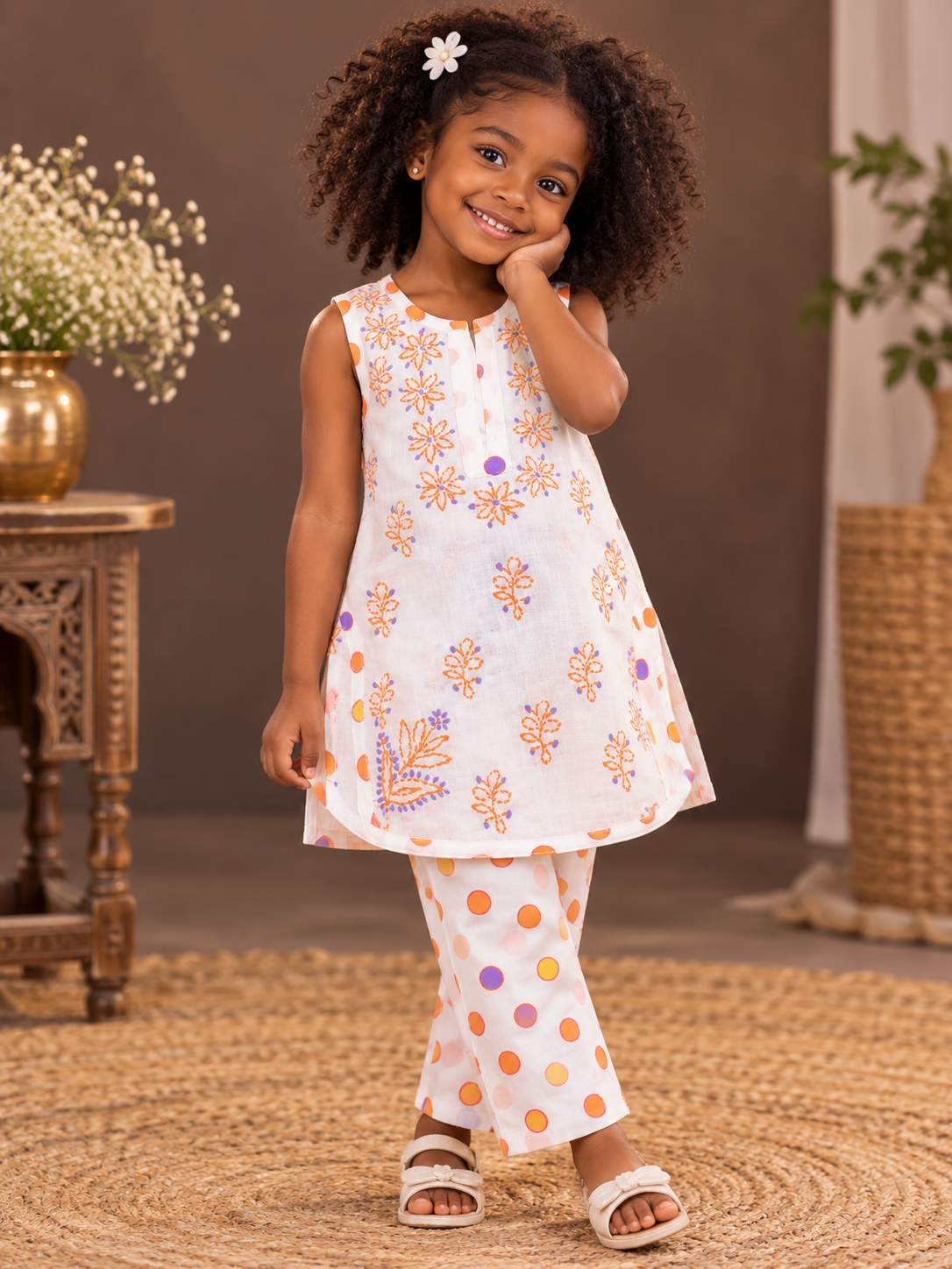 HOM girl polka dots orange dress set
